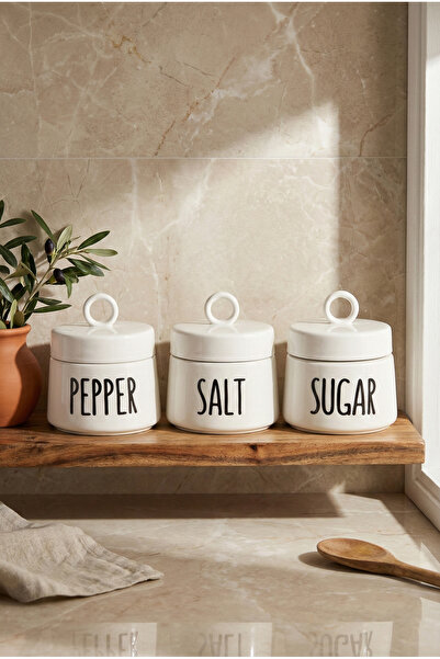 Perotti Luca 3'lü Porselen Kapaklı Yuvarlak Formlu Ergonomik Baharatlık Takımı