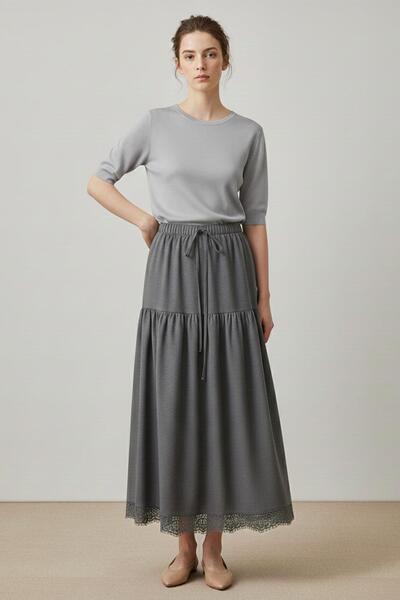 Puane Fusta lungă pentru femei cu tiv din dantelă și talie elastică-18292ETK ...