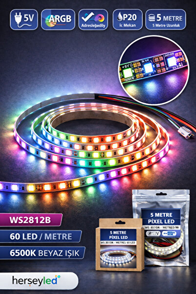 ALLES WS2812B 5V ARGB Pixel Şerit LED – Adreslenebilir, IP20, Metrede 60 LED,...