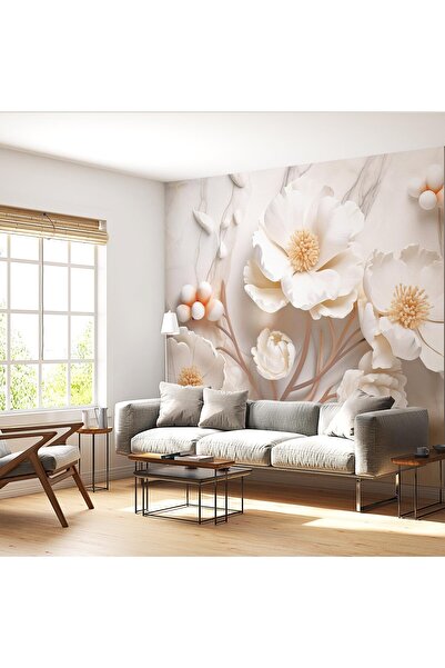 dreamwall 3D Beyaz Çiçek Desenli Zarif Dijital Baskılı Duvar Kağıdı-Yırtılmaz...