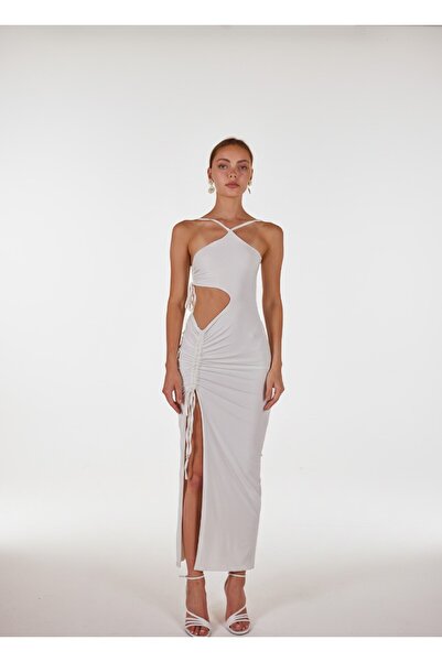 HOLLY LOLLY Tek Omuz Göbek Dekolteli Yırtmaçlı Esnek Ellie Elbise Beyaz