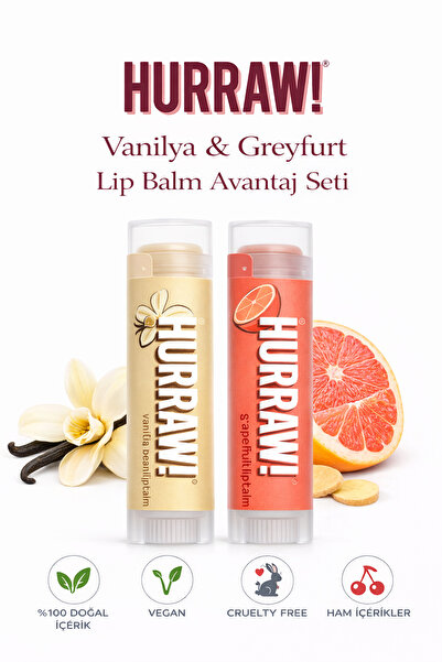 Hurraw Dudak Balmı 2 li set Greyfurt Lip Balm 4.3 G + Vanilya Bean Lip Balm 4...