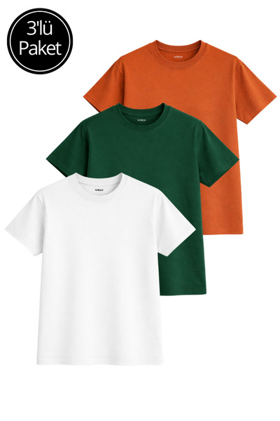 Rich Women's 3 Pack Orange-Green-White 100% Cotton Oversize Basic T-Shirt Cre...