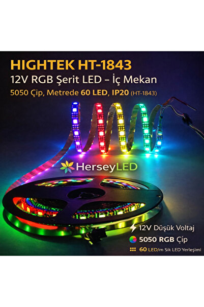 Hightek HT-1843 12V RGB Şerit LED – İç Mekan, 5050 Çip, Metrede 60 LED, IP20