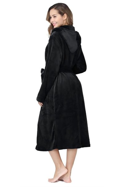 casme Women's Plush Hooded Robe Open-Front Long Bathrobe Soft Fleece with Pockets for Spa Loungewe