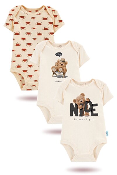 MAHFEL %100 Pamuklu 3'lü Organik Baskılı Çıtçıtlı Bebek Body Zıbın