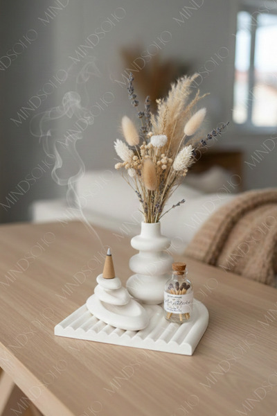 mindsoho Dekoratif Vernikli İskandinav 4'lü Tabak Vazo Tütsülük Kibrit Seti