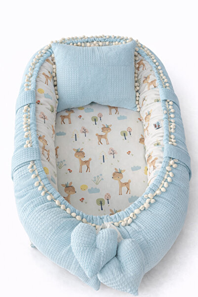 Jaju Baby Mavi Waffle Kumaş Geyik Tasarım Ponponlu Jaju Babynest Anne Yanı Be...