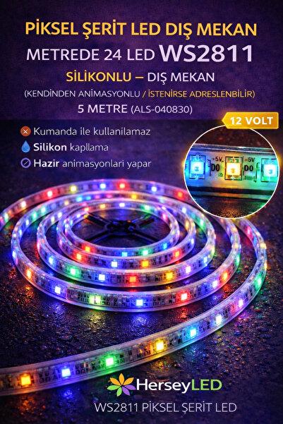 ALLES PİKSEL ŞERİT LED DIŞ MEKAN METREDE 24 LED WS2811 KENDİNDEN ANİMASYONLU ...