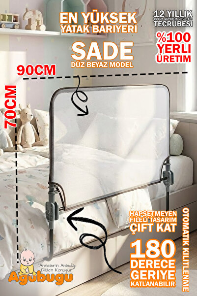 AGUBUGU BABY Desensiz Beyaz Fileli Katlanabilir Yatak Bariyeri 90cm