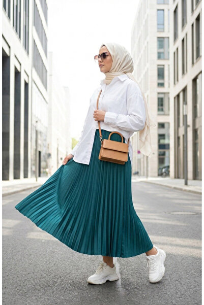sefamerve Elastic Waist Pleated Skirt 0213-09 Petrol
