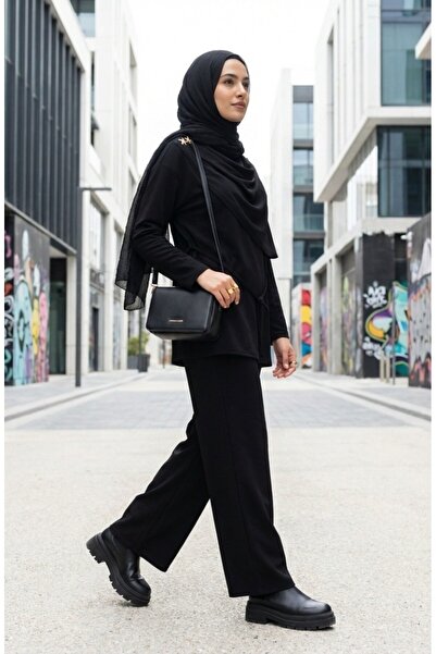 sefamerve Star Detailed Draped Tunic Trousers Double Set 2209-02 Black