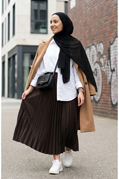 sefamerve Elastic Waist Pleated Skirt 0213-15 Brown