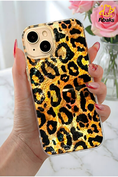 Fibaks iPhone 13/14/15 Kılıf Hologramlı Kahverengi Leopar Desenli Darbe Emici...