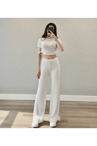 By Gecce Yandan Büzgü Detaylı İnce Kumaş Yazlık İkili Takım – Crop & Pantolon...