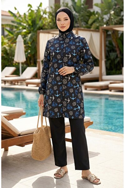 sefamerve Hijab Swimsuit Anchor Pattern 3 Piece Set 1903-04 Indigo