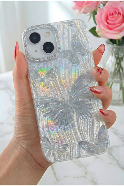 Fibaks حافظة آيفون 13/14/15 من السيليكون مع نمط فراشة لامع وحجر هولوغرامي، مم...
