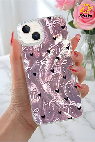 Fibaks iPhone 13/14/15 Kılıf Hologramlı Siyah Kalp Mor Fiyonk Desenli Darbe E...