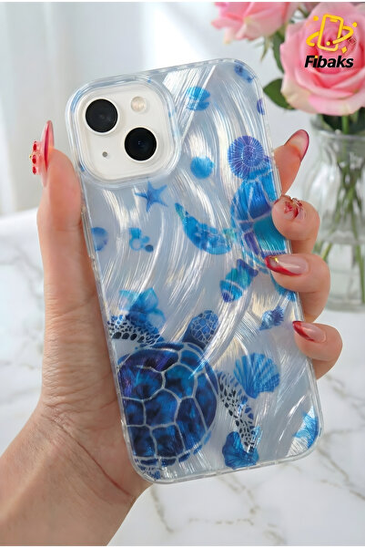Fibaks iPhone 13/14/15 Kılıf Hologramlı Mavi Caretta Kaplumbağa Desenli Darbe...