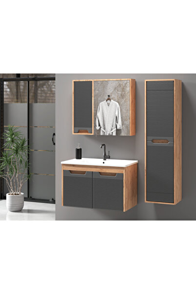 ROSEART BANYO SAFİR ATLANTİK ÇAM ANTRASİT 80CM BANYO DOLABI SETİ ÜST MODÜL + ...