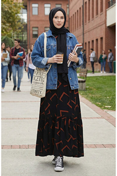 sefamerve Desenli Elbise 0455-01 Siyah Kiremit