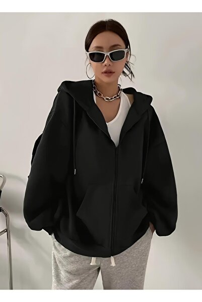 sole stories Kadın Bordo Premium Uzun Kollu Fermuarlı Sweatshirt