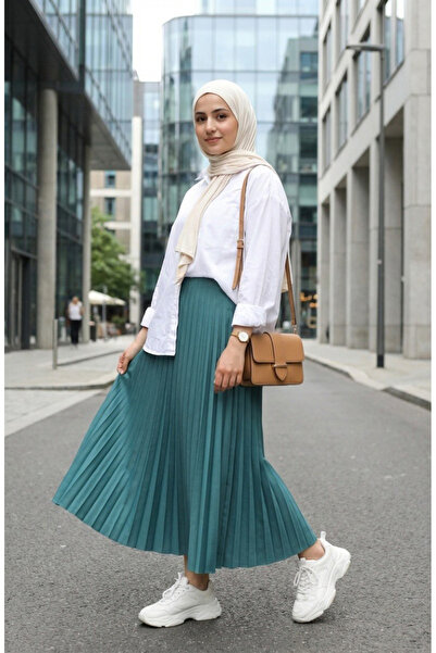 sefamerve Elastic Waist Pleated Skirt 0213-13 Green