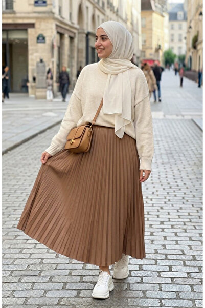 sefamerve Elastic Waist Pleated Skirt 0213-07 Caramel
