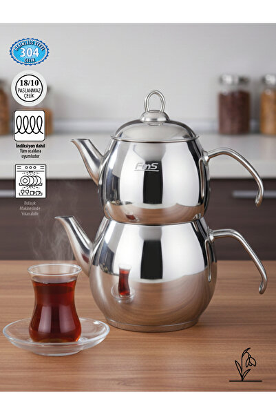 FMS 4069 Çaydanlık | 1,25 L + 2,3 L | 18/10 Paslanmaz Çelik Badem Çaydanlık O...