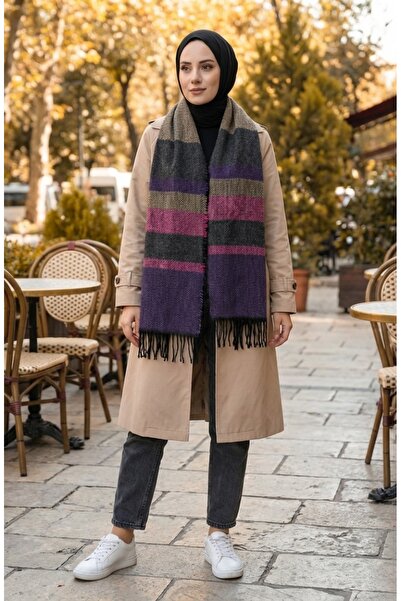 sefamerve Μωβ σάλι ώμου με μοτίβο ψαροκόκαλου - 2035-05