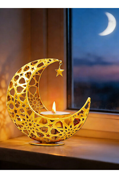 Pomefar حامل شموع رمضاني، حامل شموع مزخرف على شكل هلال، زينة رمضانية للمنزل
