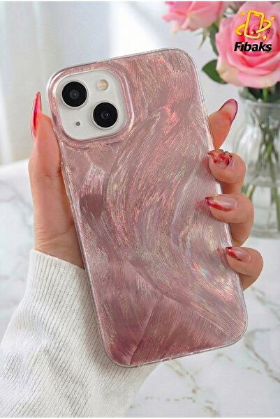 Fibaks Apple iPhone 13 - 14 - 15 Kılıf Tüy Ebru Desenli Darbe Emici Rose Renk...