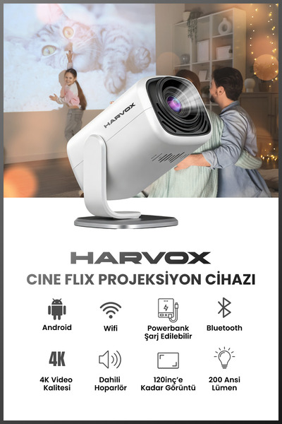 HARVOX Cine Flix Projeksiyon Cihazı Taşınabilir 4K Destekli 1080P Android Sis...