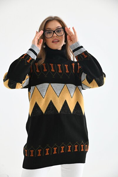 FTZ Women's Zigzag Pattern Bearded Sweater Black 21-6294