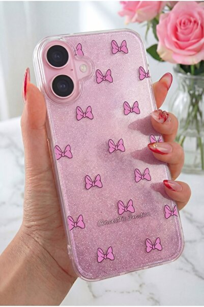 Fibaks Apple iPhone 16 Uyumlu Kılıf Mor Simli Fiyonk Desenli Renkli Parlak Da...