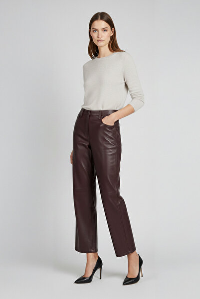 Deriderim Bordo Nora Hakiki Deri Geniş Paça Kadın Pantolon