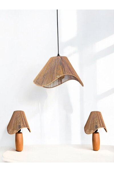 KorFam WAVY Modeli Avize & Abajur Set - Hasır El Yapımı Bohem Avize 2'li Ahşa...