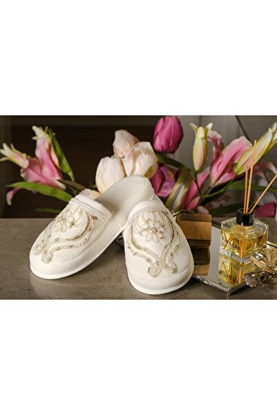 Finezza Παντόφλες πετσέτας κρέμας με απλικέ πέρλες Queen Cotton, Μέγεθος 38-4...