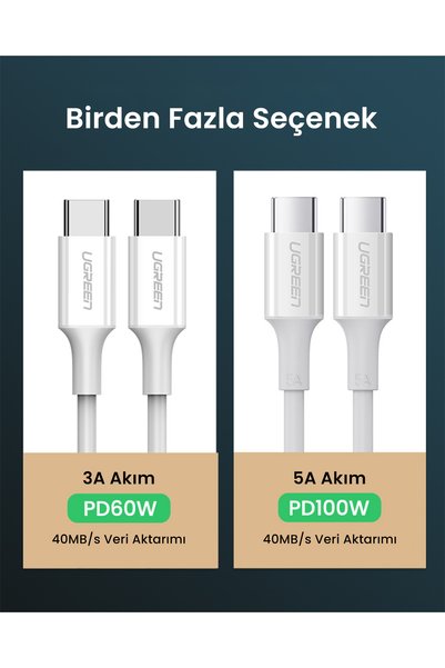 Ugreen USB-C 60W 3A QC PD Hızlı Şarj Kablosu, 1 m, Beyaz, 60520