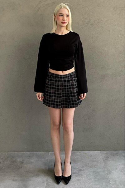 Madmext Black 100%Cotton Plaid Pattern Pleated Mini Shorts Skirt Mg2629