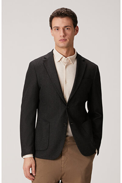 Network Siyah Çizgili Yün Karışımlı Örme Ceket