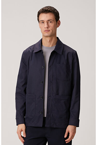 Network Lacivert Torba Cep Detaylı Keten Dış Gömlek