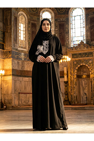 Kutay Collection Mevsimlik Kendinden Başörtülü Dantelli Kadın Namaz Elbisesi,...