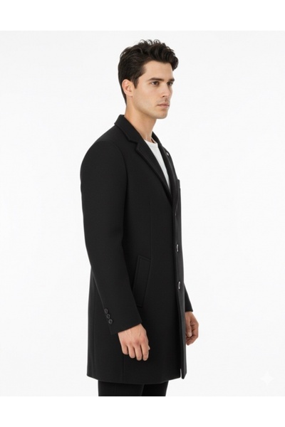 SÜVARİ Slim Fit Pointed Collar Men's Sheep Wool Plain Black Coat