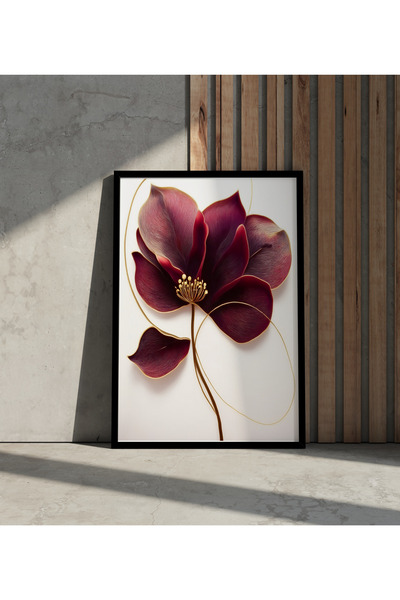 Rosaart Tablo| Ahşap Çerçeveli Tablo | Bordo Altın Çizgili Çiçek Temalı Tablo...