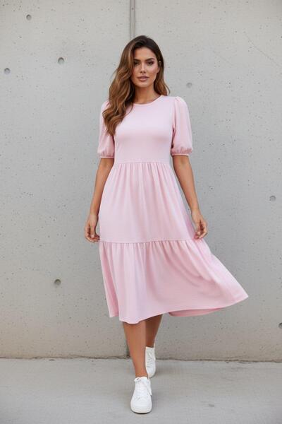 Mossta Short Sleeve Wrap Balloon Dress - Pink