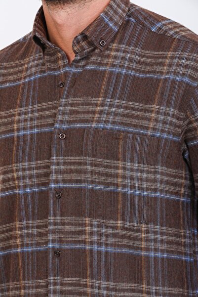 Varetta Men's Brown Winter Shirt with Checkered Pockets and Buttoned Collar