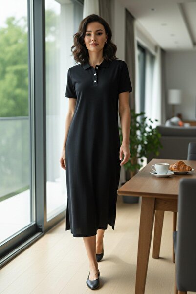 Mossta Μακρύ φόρεμα με λεπτομέρεια με κουμπιά πόλο και σκίσιμο στο πλάι - Μαύρο