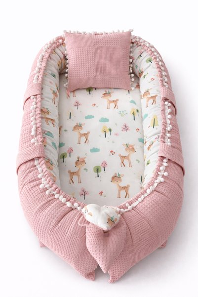 Jaju Baby Babynest Pudra Waffle Pike Kumaş Ceylan Tasarım Lüx Ponponlu Jaju-b...