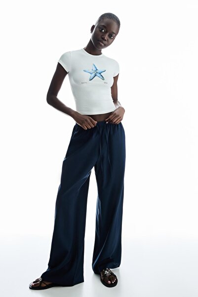 Bershka Beli lastikli keten pantolon